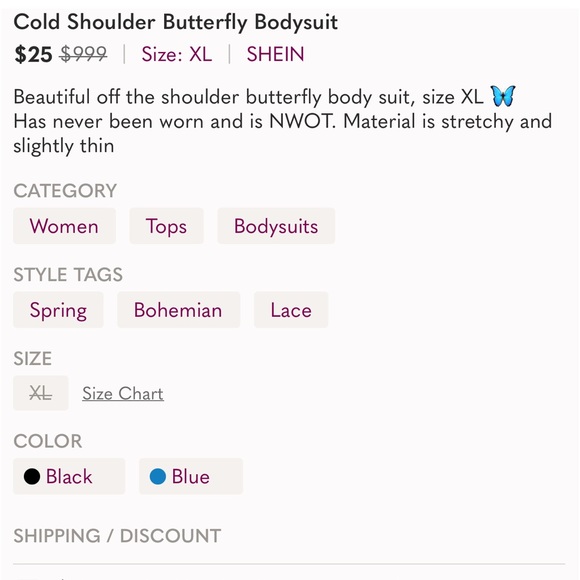NWOT Cold Shoulder Butterfly Bodysuit - Picture 9 of 9